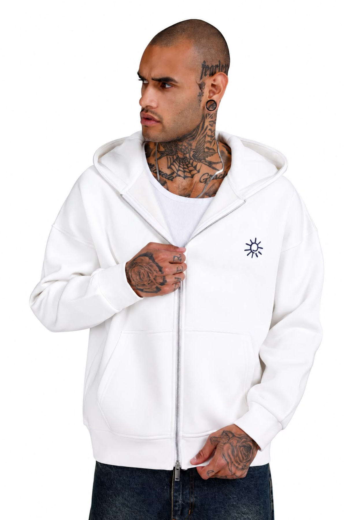 Sırt Desenli Oversize Fermuarlı Kapüşonlu Sweatshirt