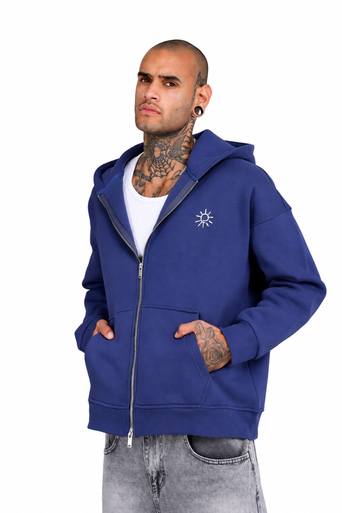 Sırt Desenli Oversize Fermuarlı Kapüşonlu Sweatshirt
