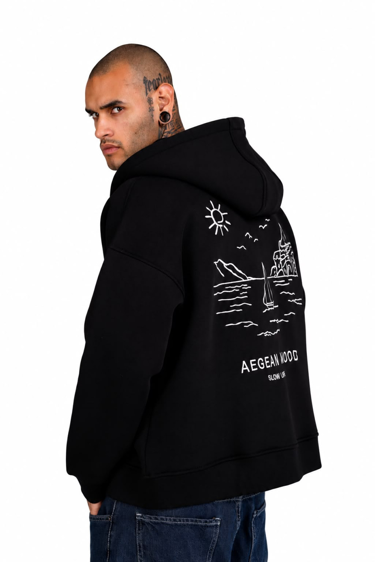 Sırt Desenli Oversize Fermuarlı Kapüşonlu Sweatshirt