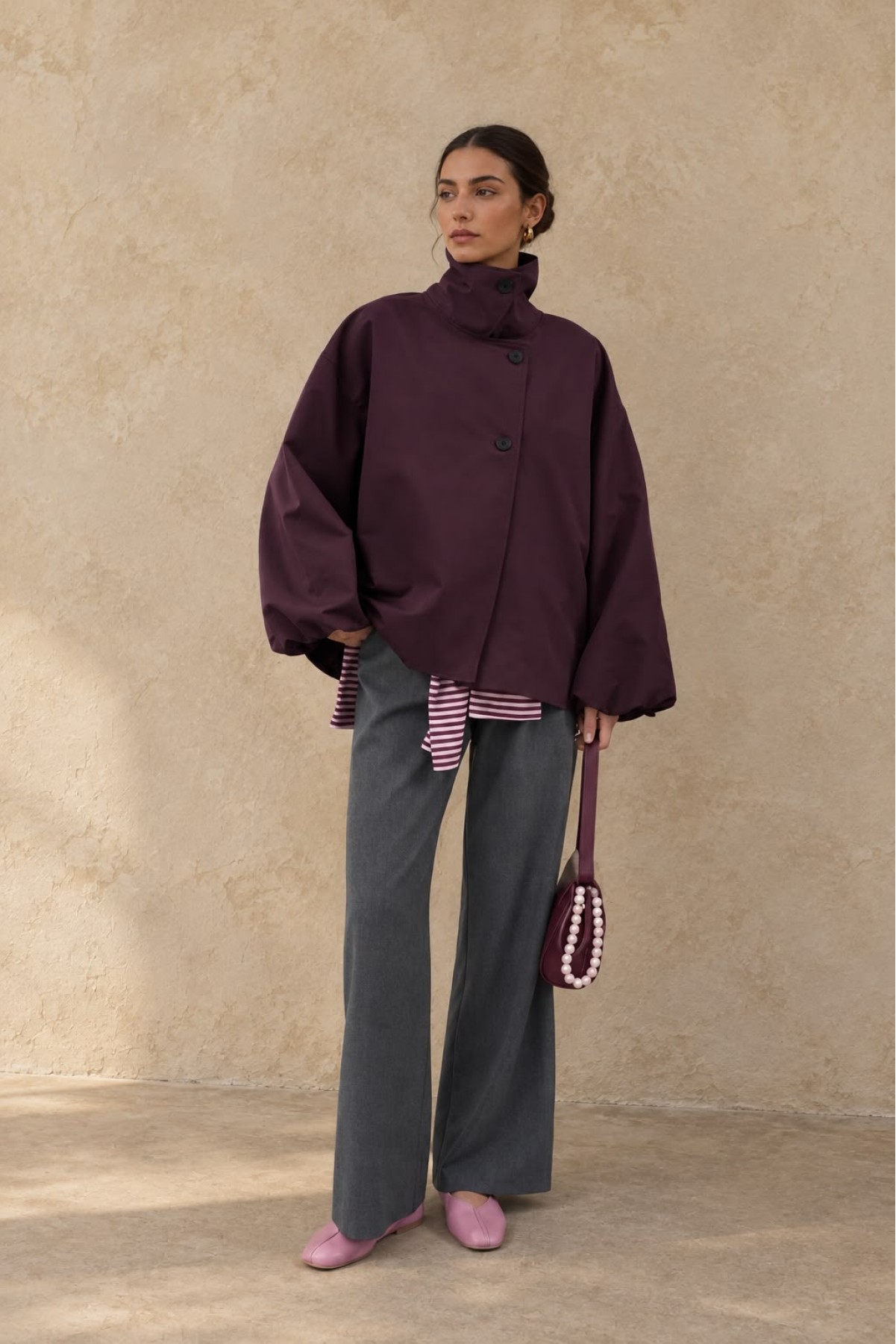 Dik Yaka Asimetrik Düğmeli Oversize Ceket