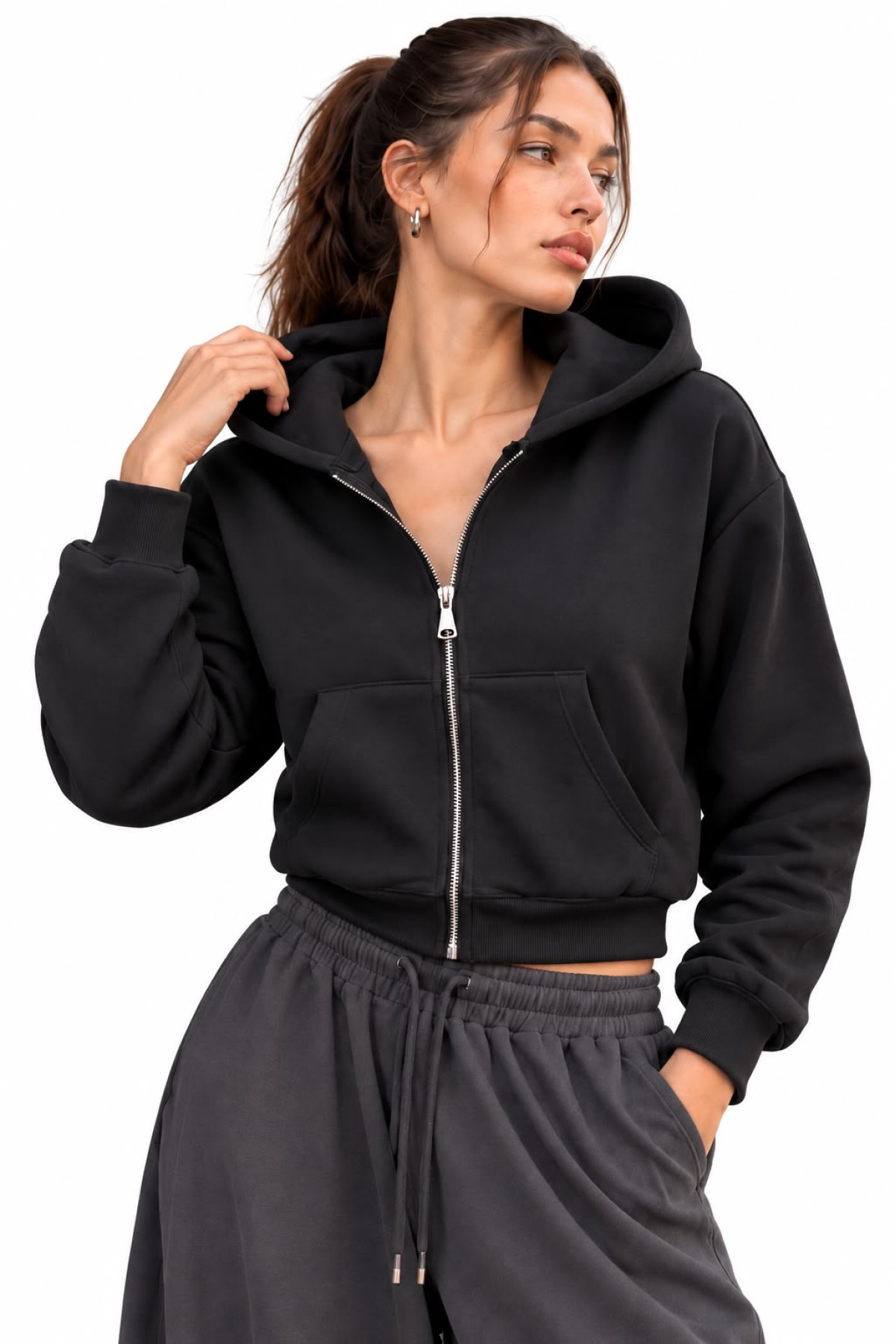 Kapüşonlu Fermuarlı Crop Sweatshirt