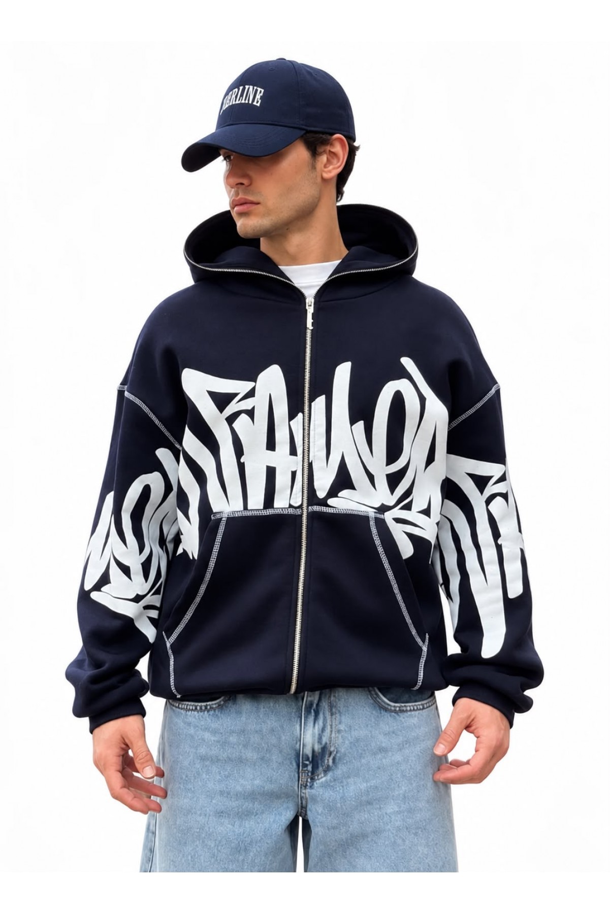 Grafiti Baskılı Kapüşonlu Fermuarlı Sweatshirt