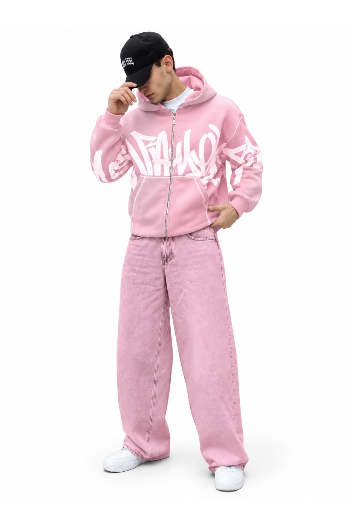 Grafiti Baskılı Kapüşonlu Fermuarlı Sweatshirt