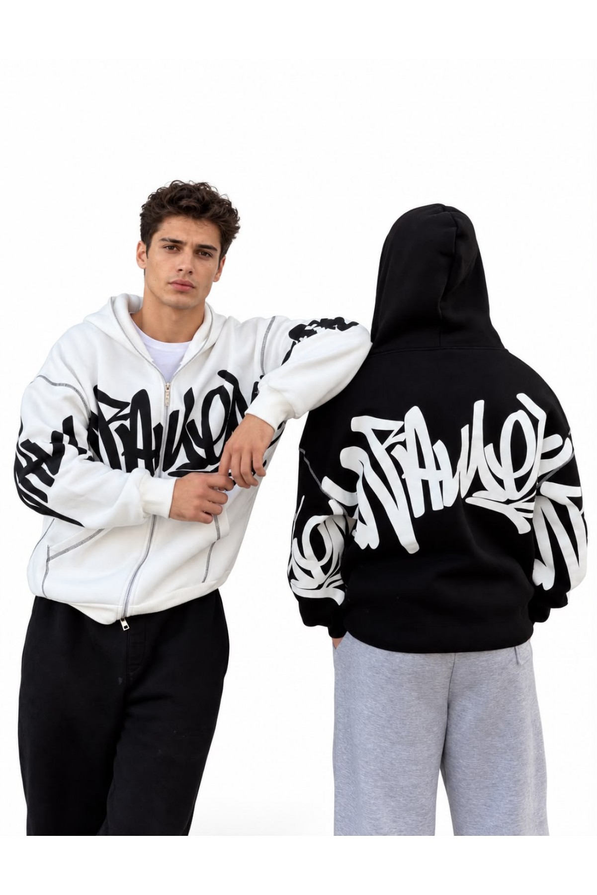 Grafiti Baskılı Kapüşonlu Fermuarlı Sweatshirt
