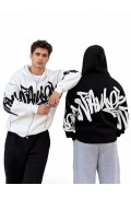 Grafiti Baskılı Kapüşonlu Fermuarlı Sweatshirt