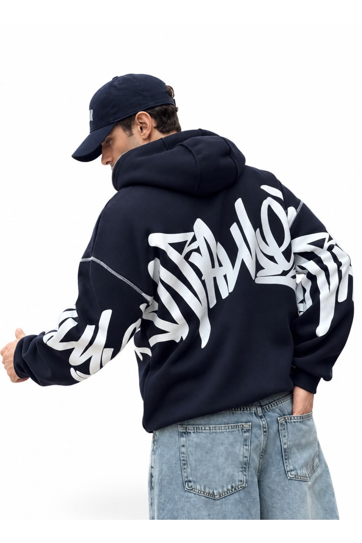 Grafiti Baskılı Kapüşonlu Fermuarlı Sweatshirt