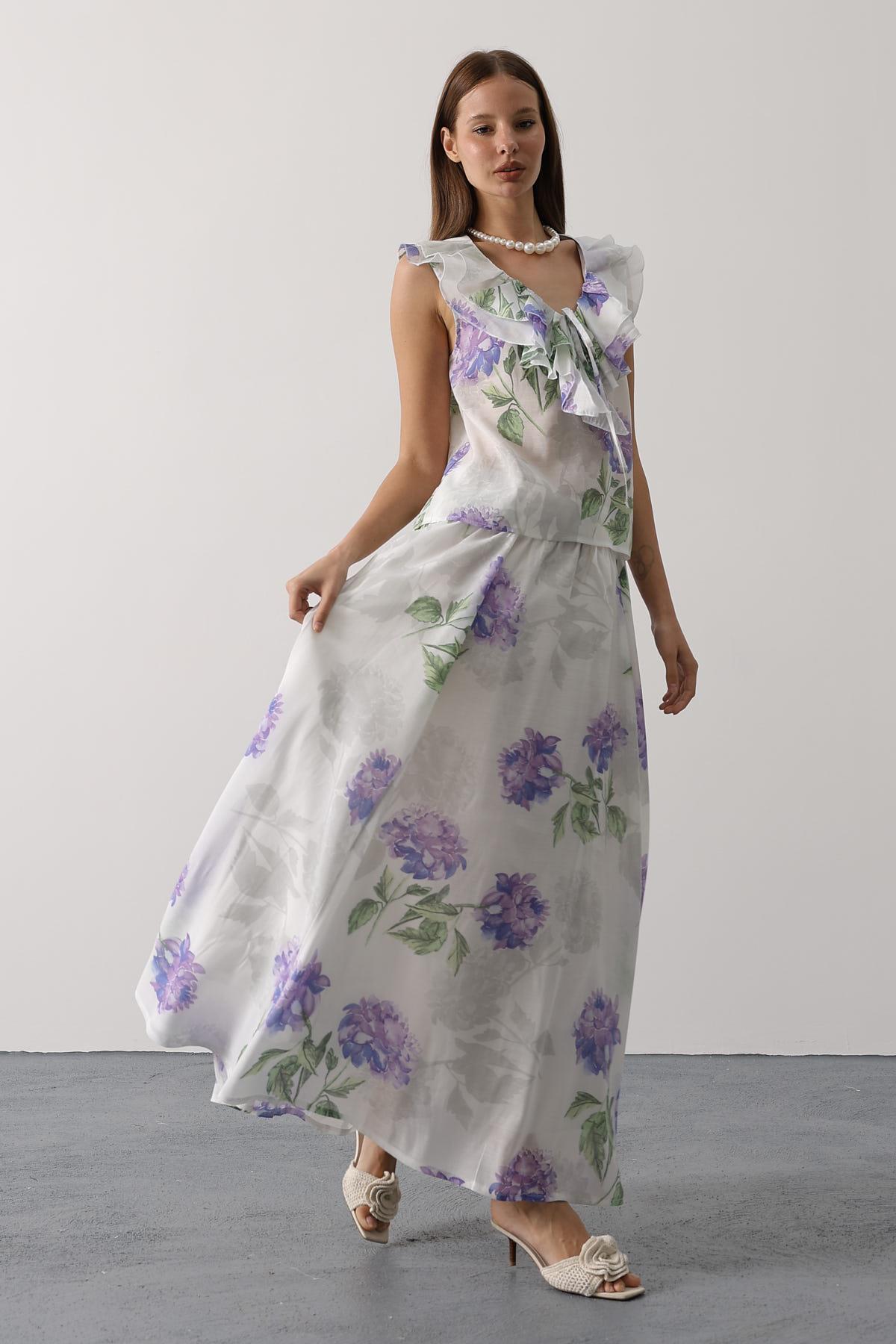 ÇİÇEK DESEN UZUN ETEK - Lila