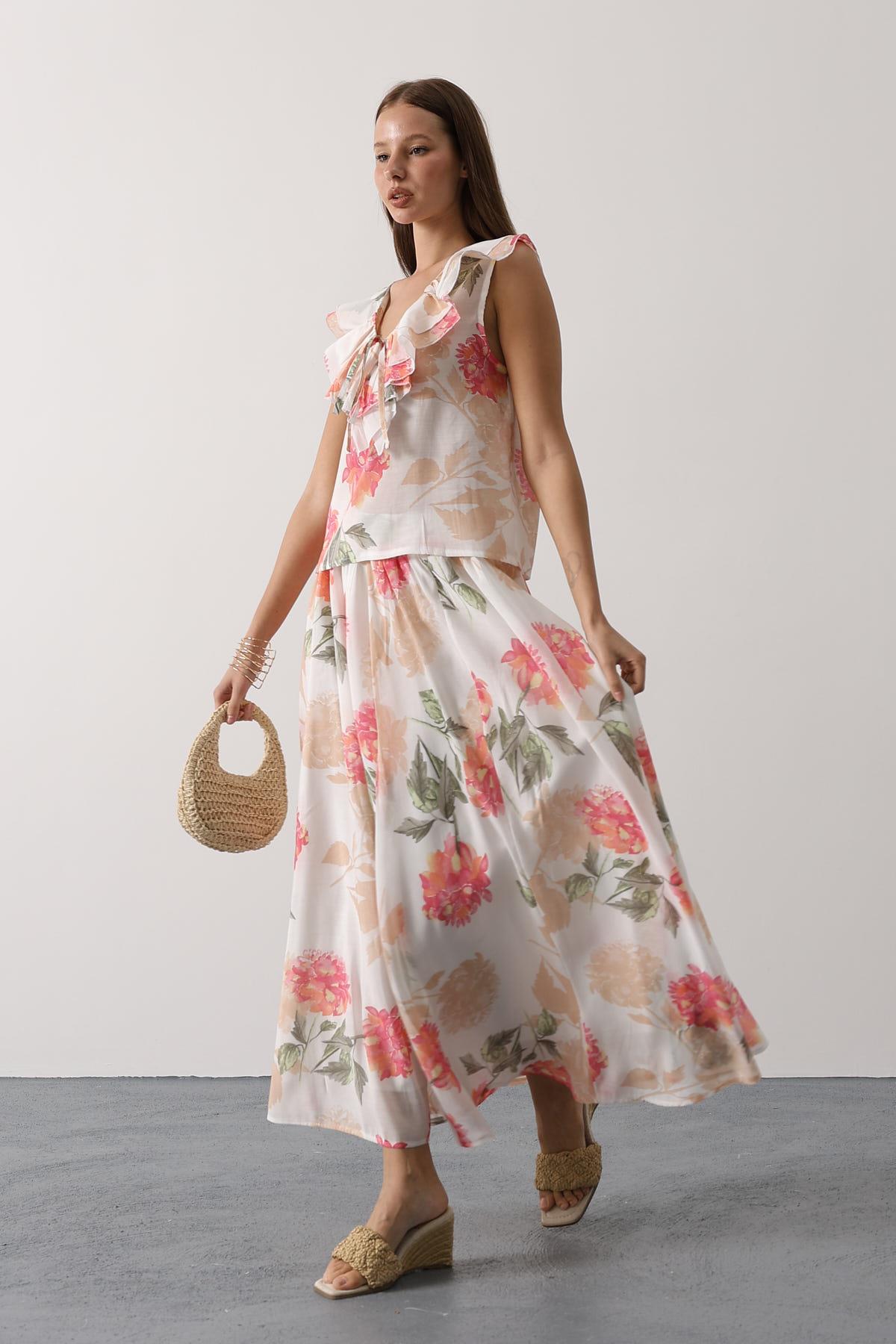 ÇİÇEK DESEN UZUN ETEK - Pembe