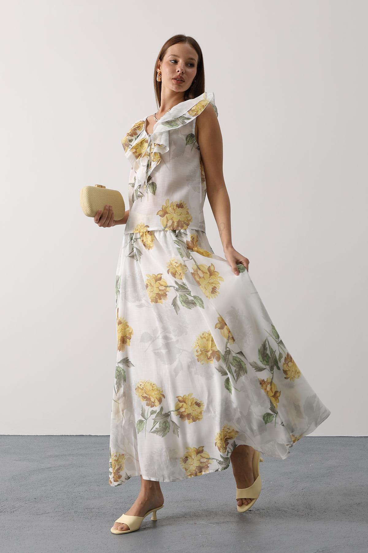 ÇİÇEK DESEN UZUN ETEK - Sarı