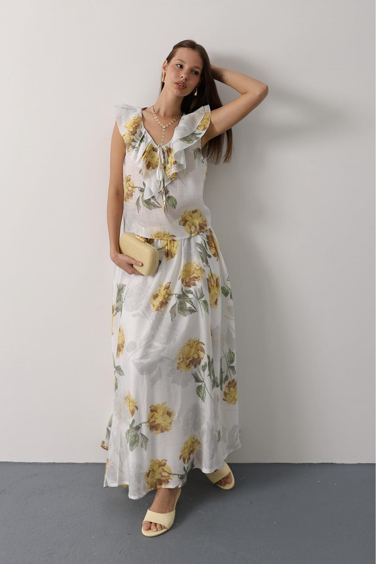 ÇİÇEK DESEN UZUN ETEK - Sarı