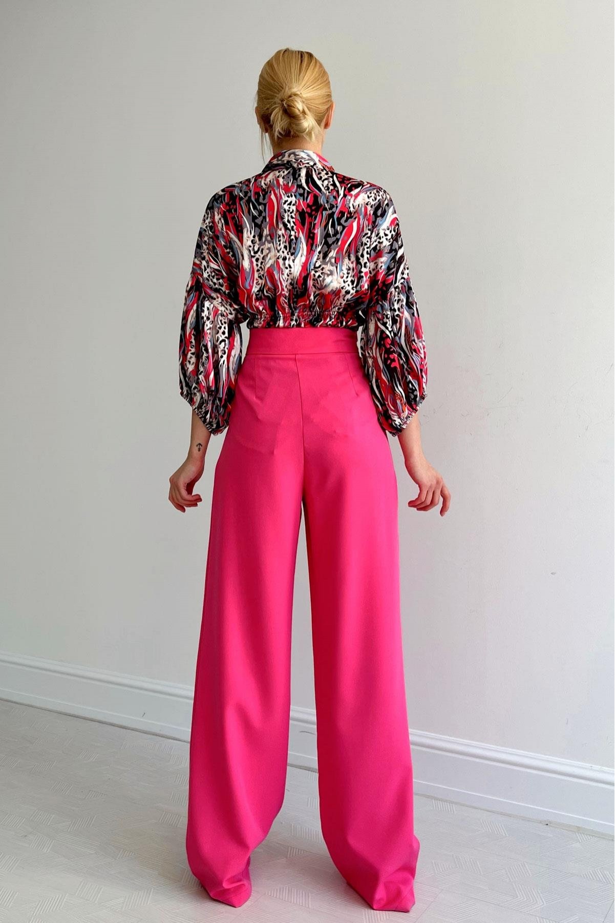 * Beli lastikli saten gömlek - Fuşya