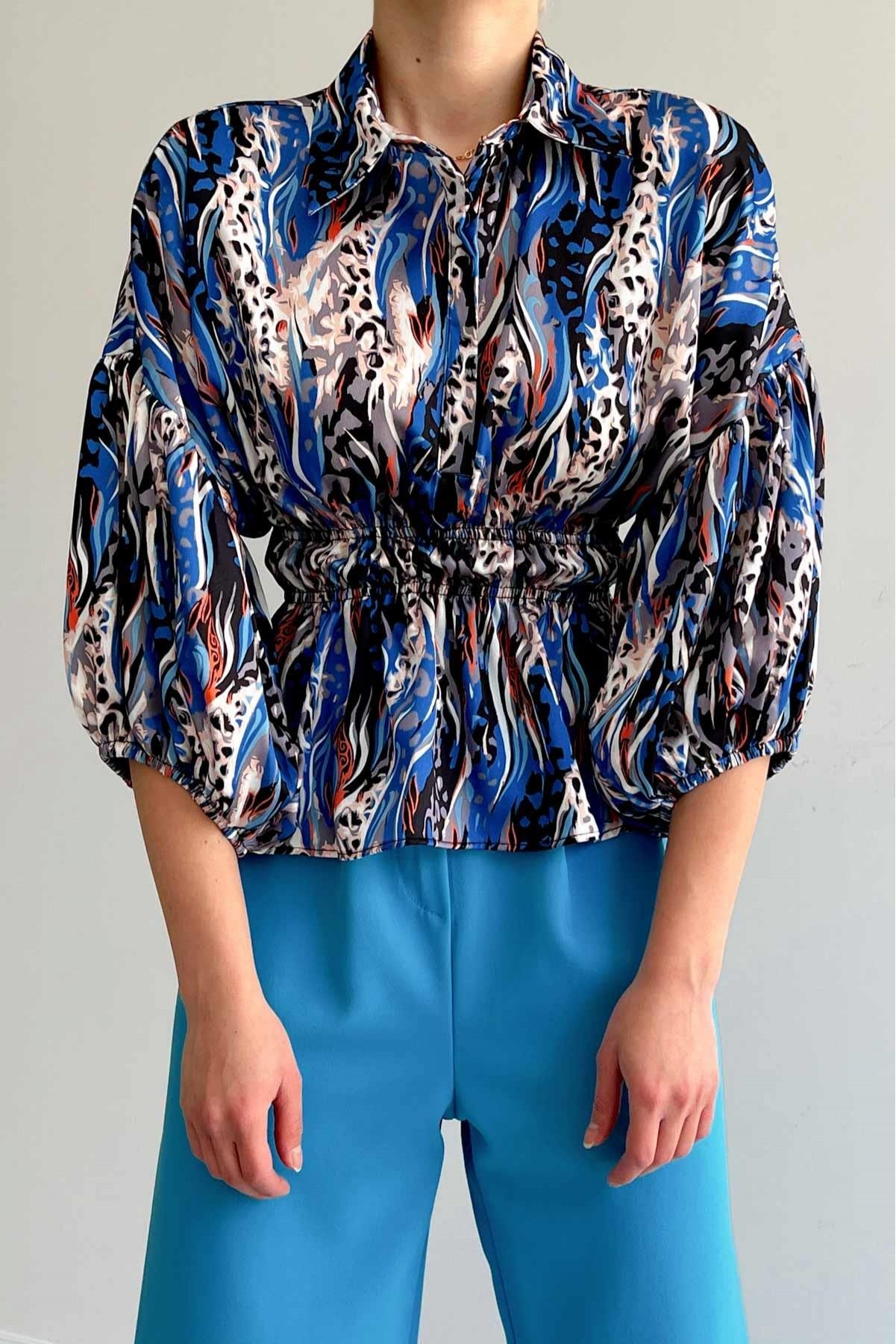 * Beli lastikli saten gömlek - Mavi