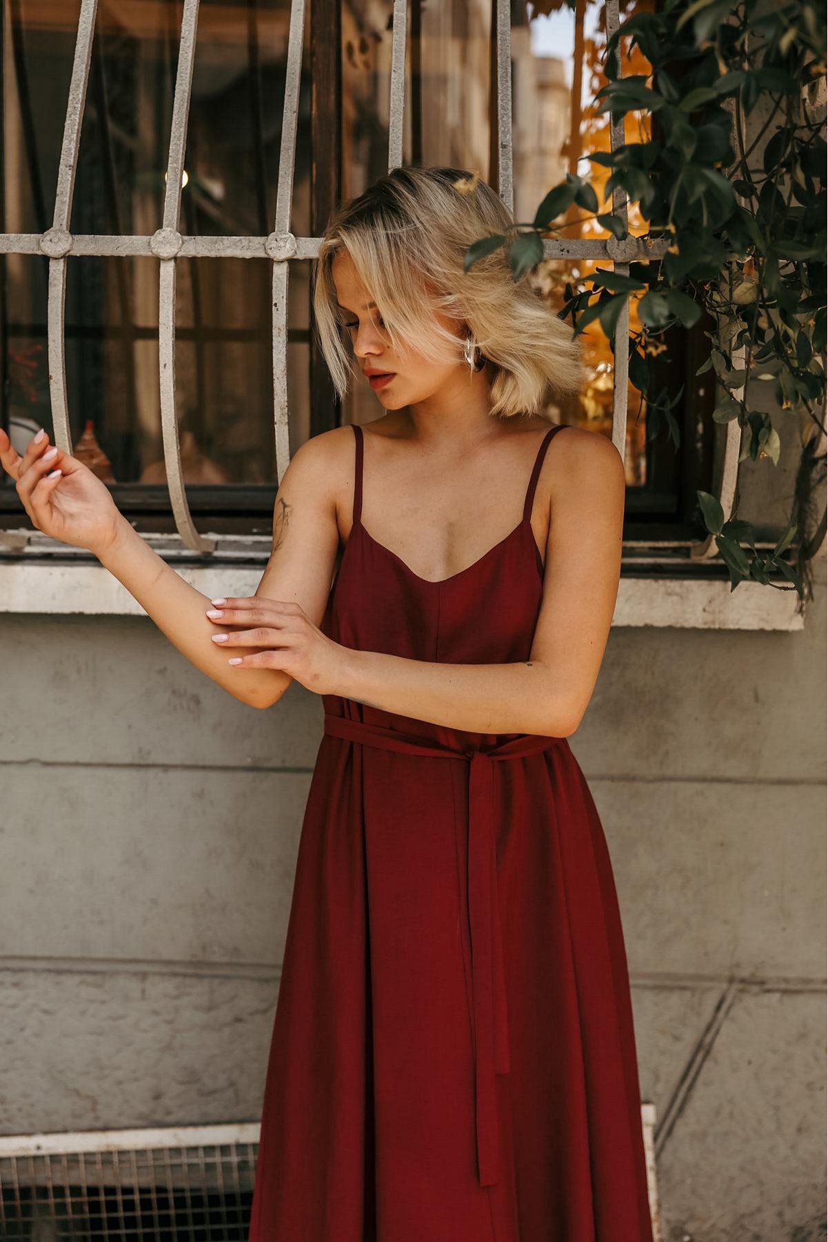 Askılı Basic Uzun Elbise - Açık Bordo