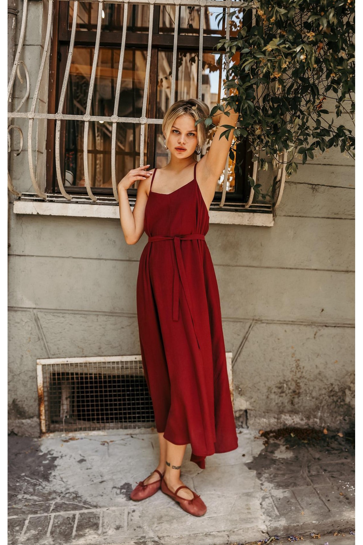 Askılı Basic Uzun Elbise - Açık Bordo