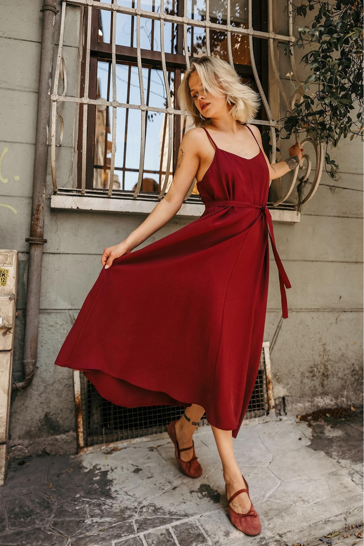 Askılı Basic Uzun Elbise - Açık Bordo