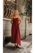 Askılı Basic Uzun Elbise - Açık Bordo