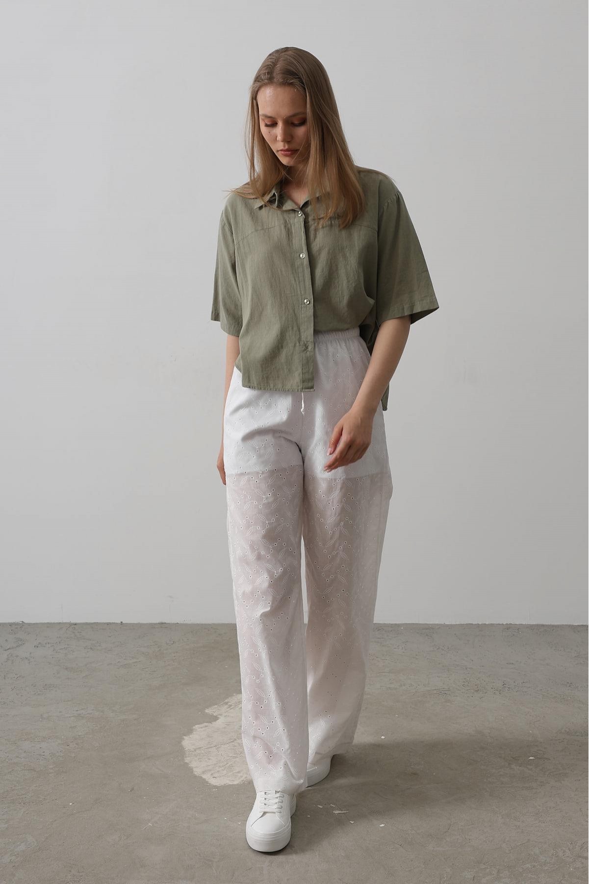 Beli Bağlamalı Brode Pantolon - Beyaz