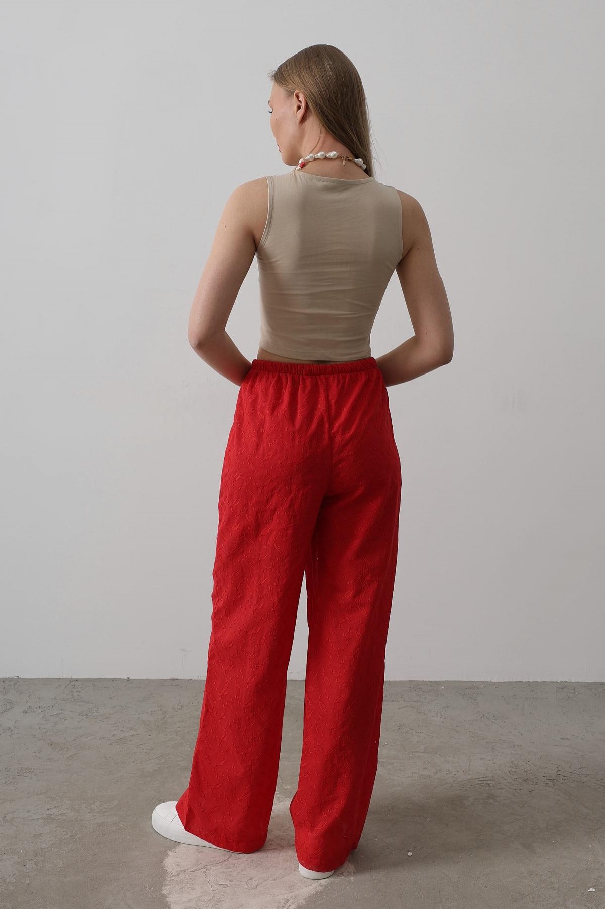 Beli Bağlamalı Brode Pantolon - Kırmızı