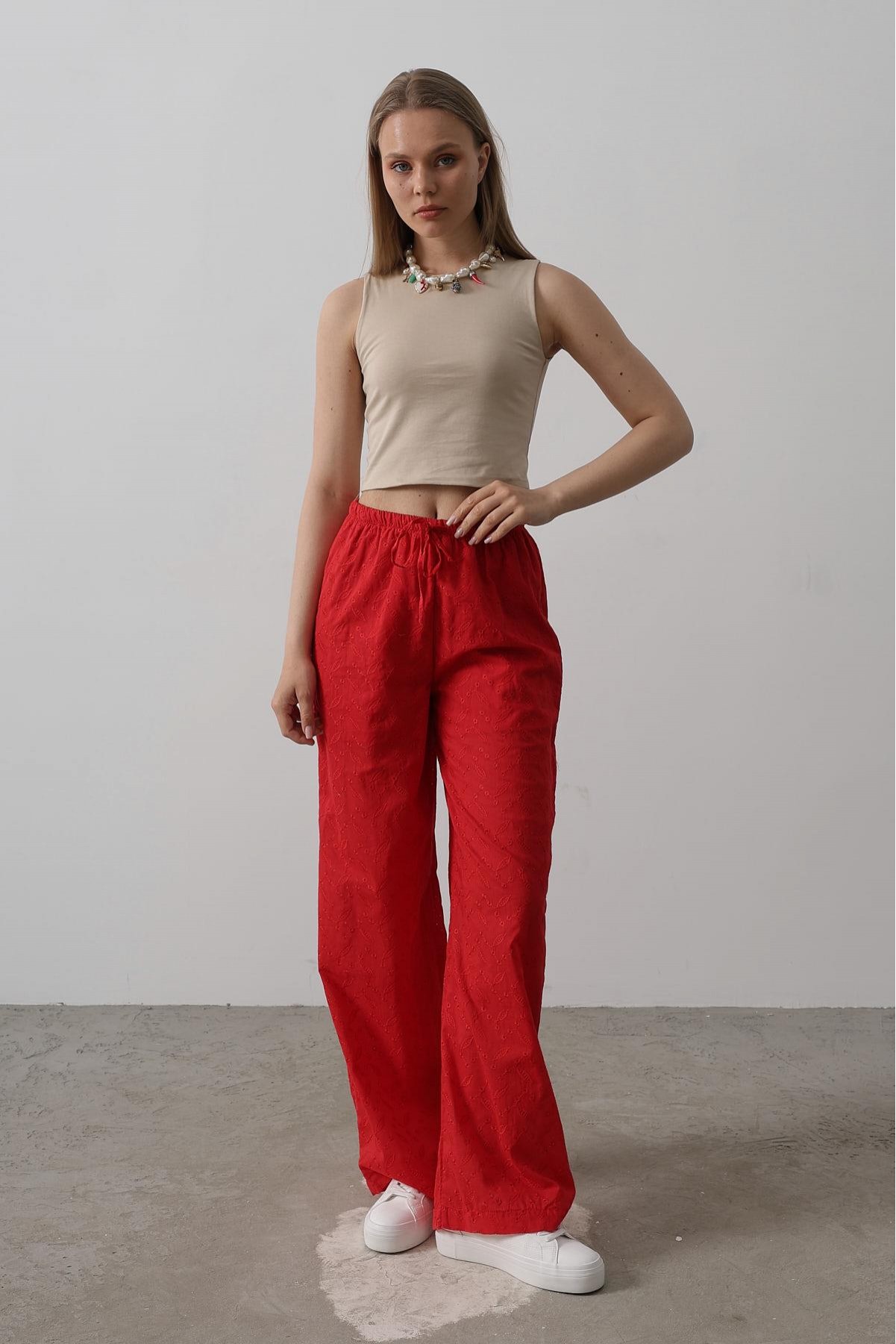 Beli Bağlamalı Brode Pantolon - Kırmızı