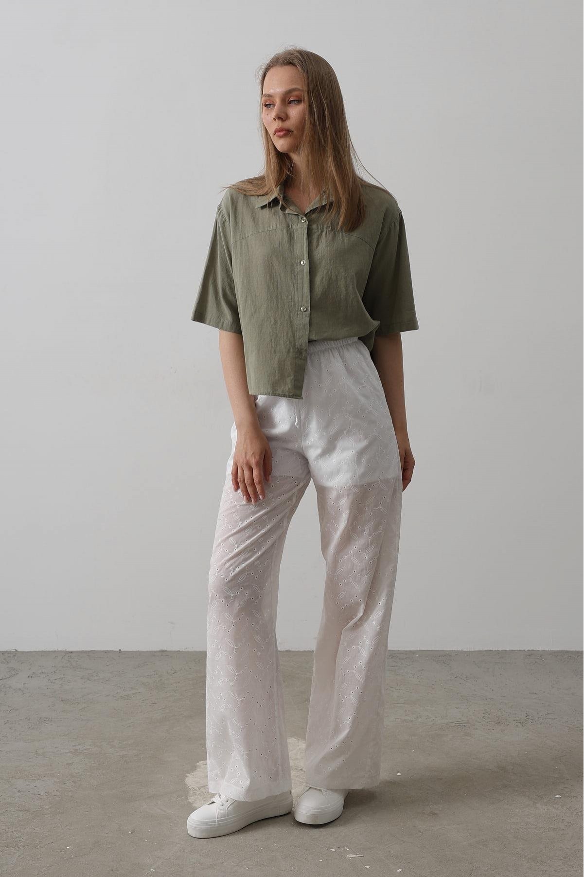 Beli Bağlamalı Brode Pantolon - Beyaz