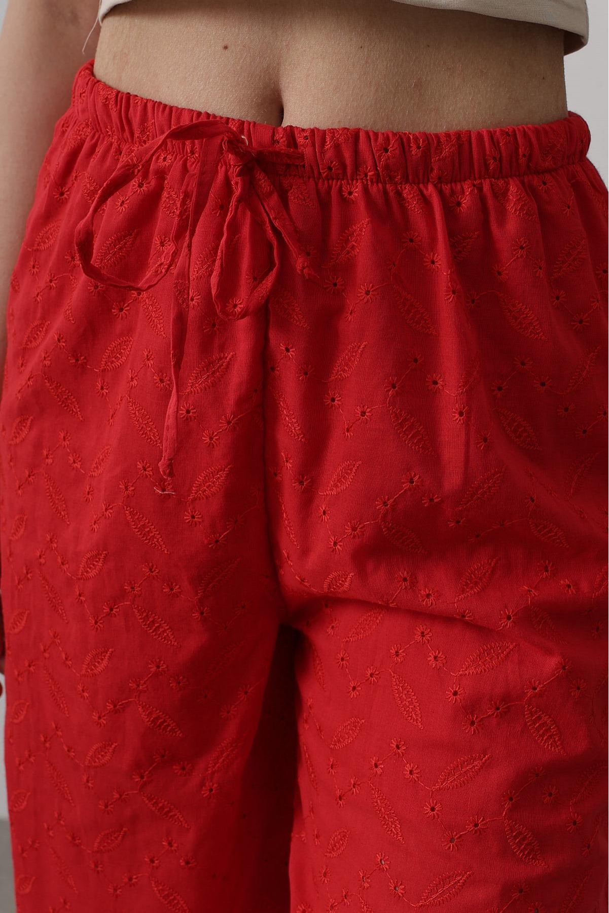 Beli Bağlamalı Brode Pantolon - Kırmızı