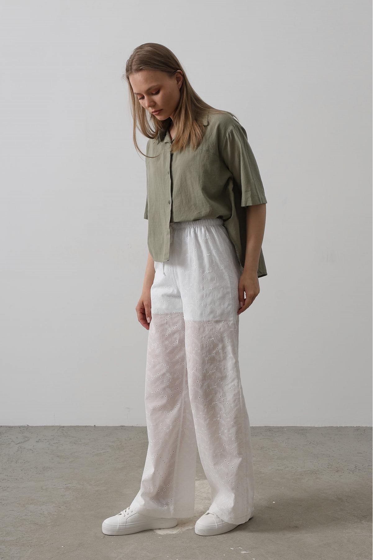 Beli Bağlamalı Brode Pantolon - Beyaz