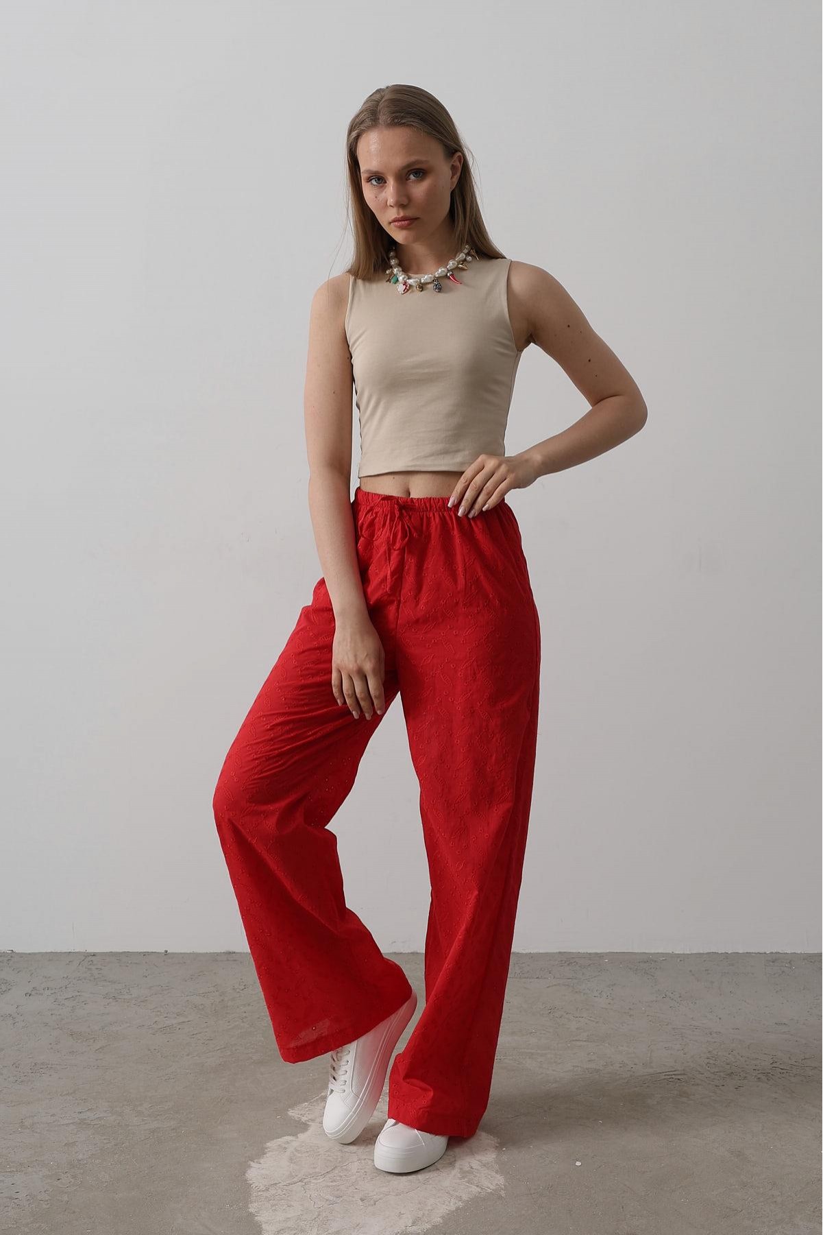 Beli Bağlamalı Brode Pantolon - Kırmızı