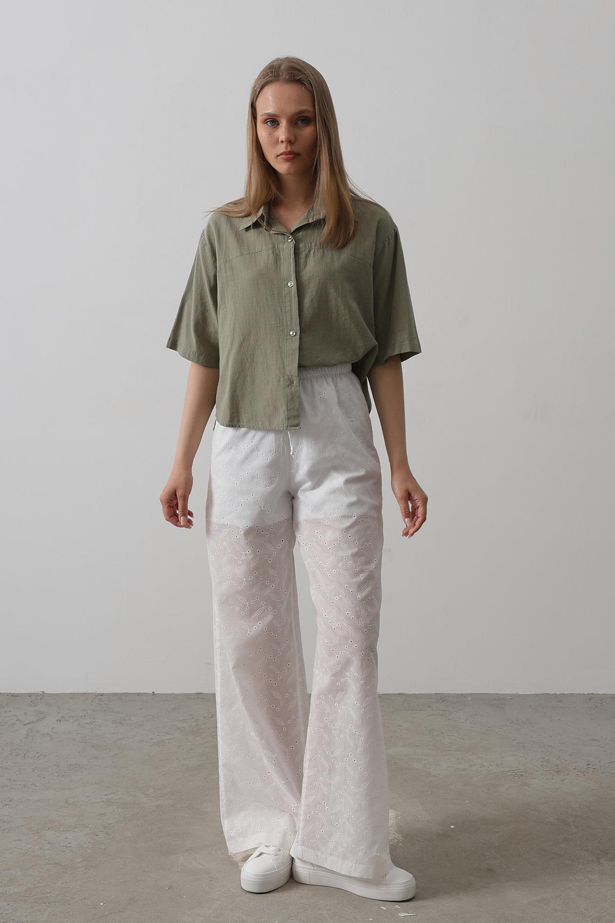 Beli Bağlamalı Brode Pantolon - Beyaz