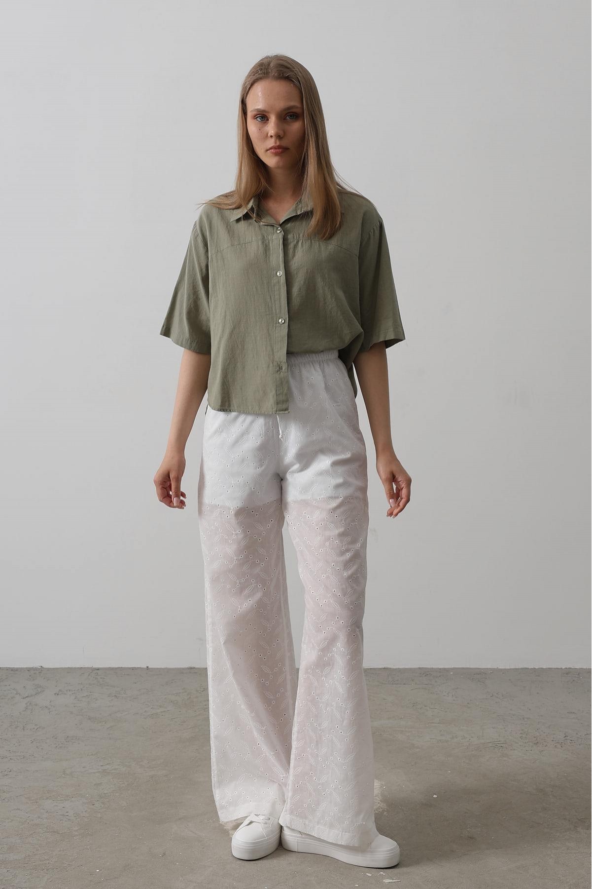 Beli Bağlamalı Brode Pantolon - Beyaz