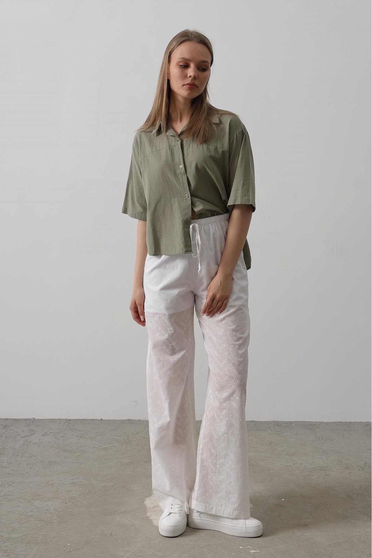 Beli Bağlamalı Brode Pantolon - Beyaz