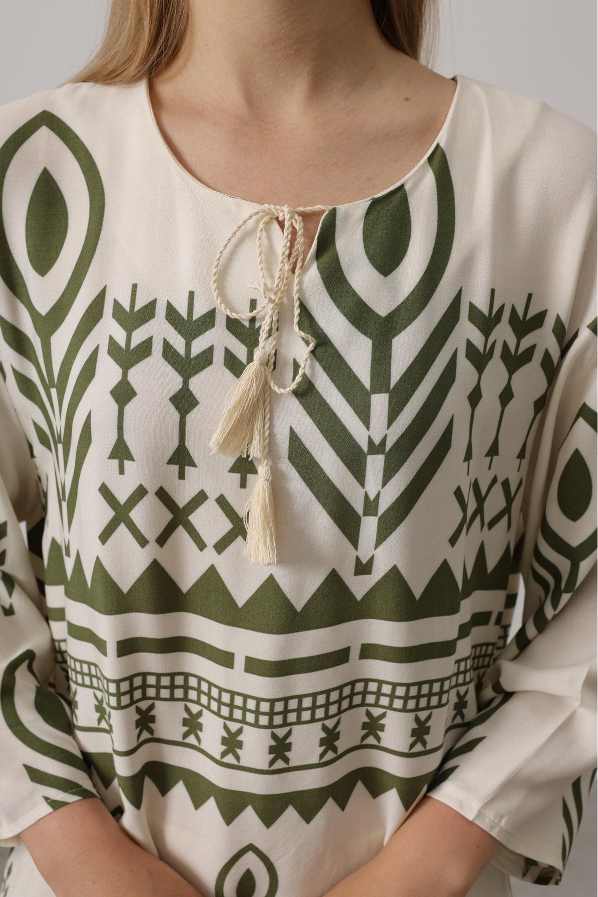 Baskılı Püskül Detaylı Takım - Yeşil