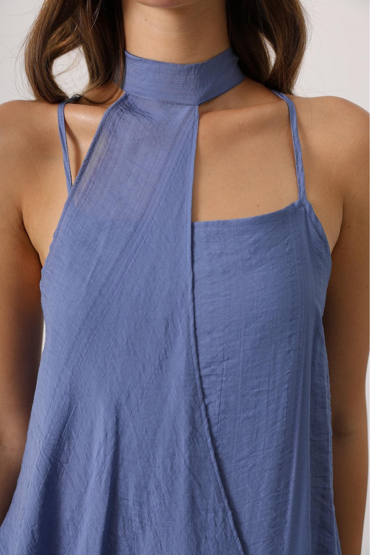 Asimetrik Bağlamalı Uzun Bohem Elbise - İndigo