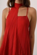 Asimetrik Bağlamalı Uzun Bohem Elbise - Kırmızı