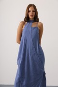 Asimetrik Bağlamalı Uzun Bohem Elbise - İndigo