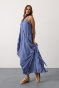 Asimetrik Bağlamalı Uzun Bohem Elbise - İndigo