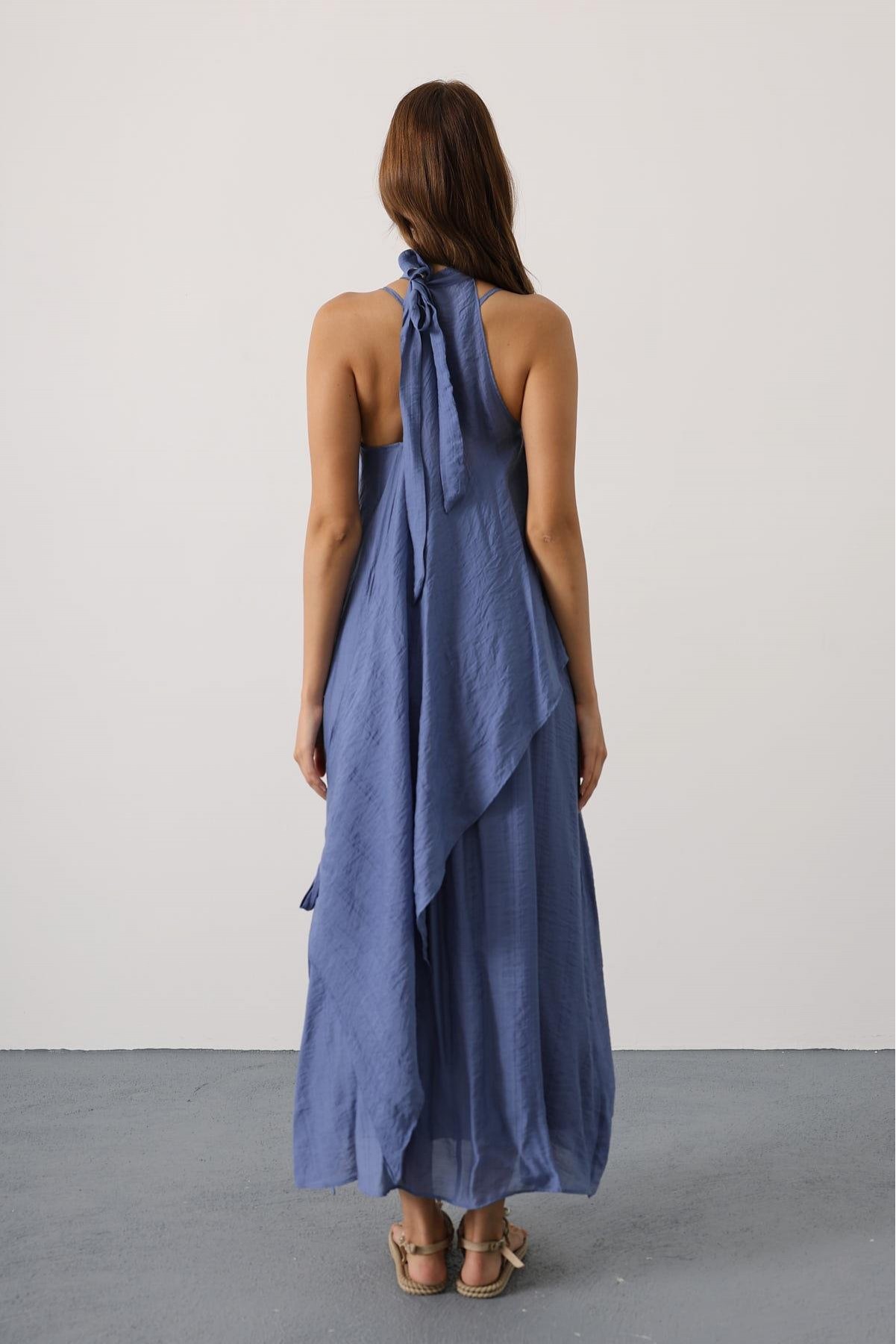 Asimetrik Bağlamalı Uzun Bohem Elbise - İndigo