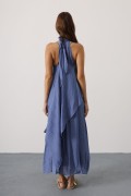 Asimetrik Bağlamalı Uzun Bohem Elbise - İndigo