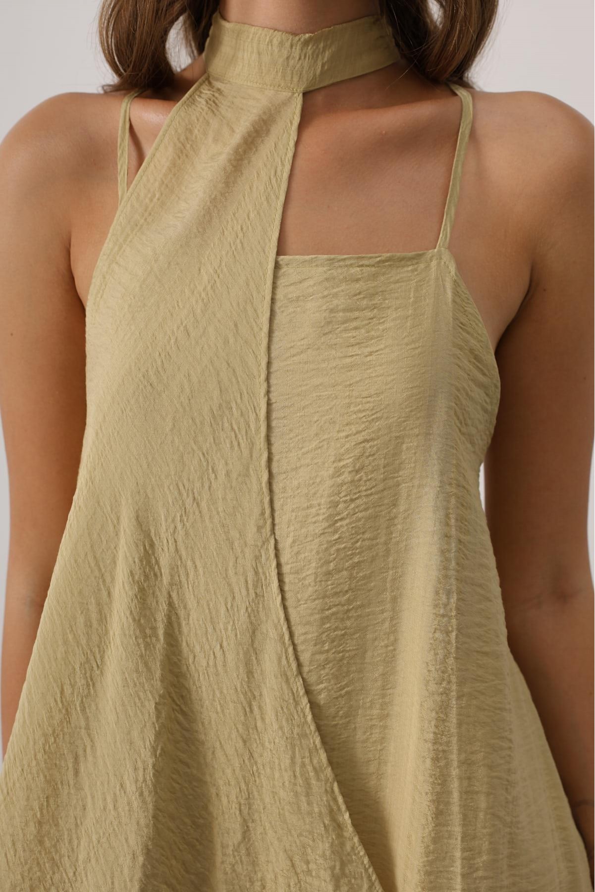 Asimetrik Bağlamalı Uzun Bohem Elbise - Yağ Yeşili