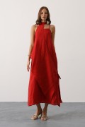Asimetrik Bağlamalı Uzun Bohem Elbise - Kırmızı