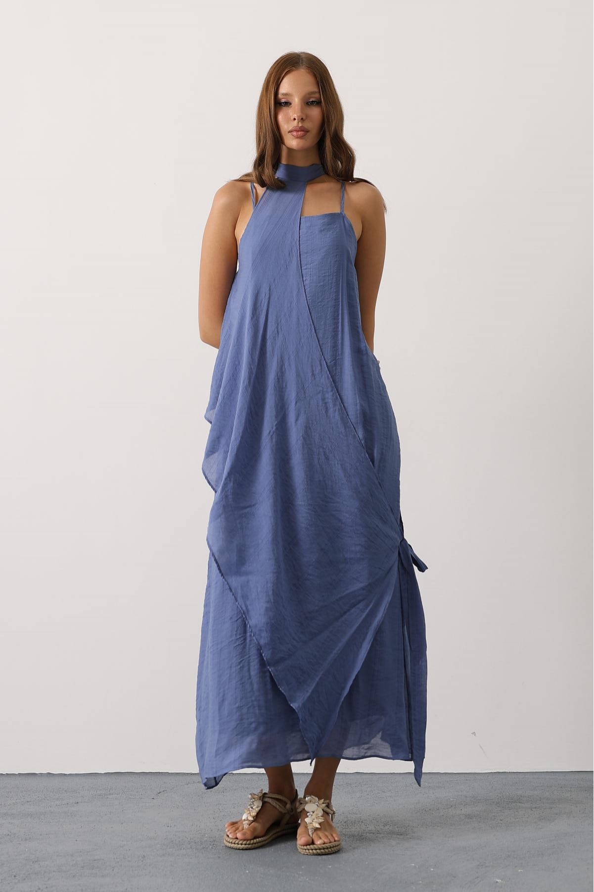 Asimetrik Bağlamalı Uzun Bohem Elbise - İndigo