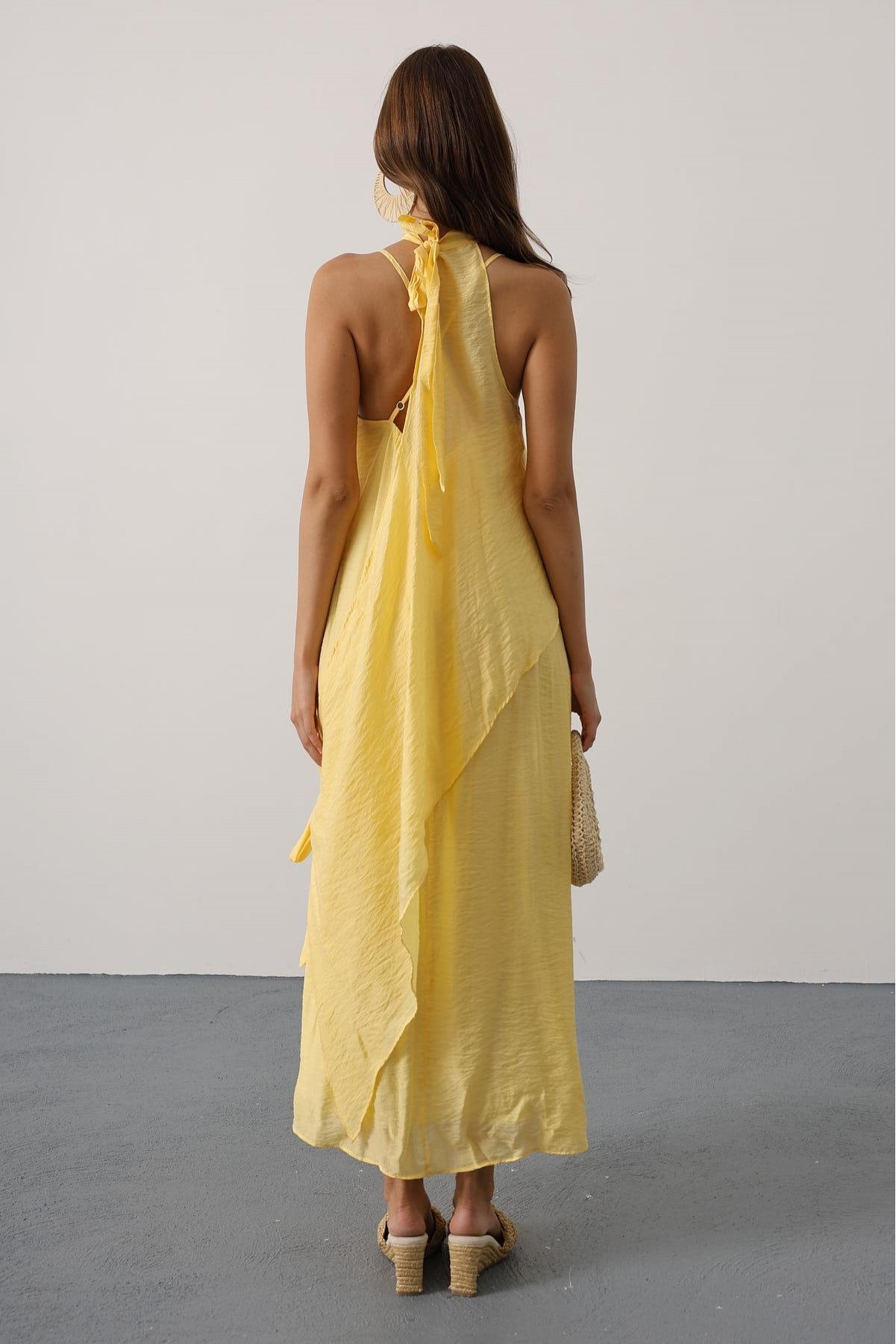 Asimetrik Bağlamalı Uzun Bohem Elbise - Sarı