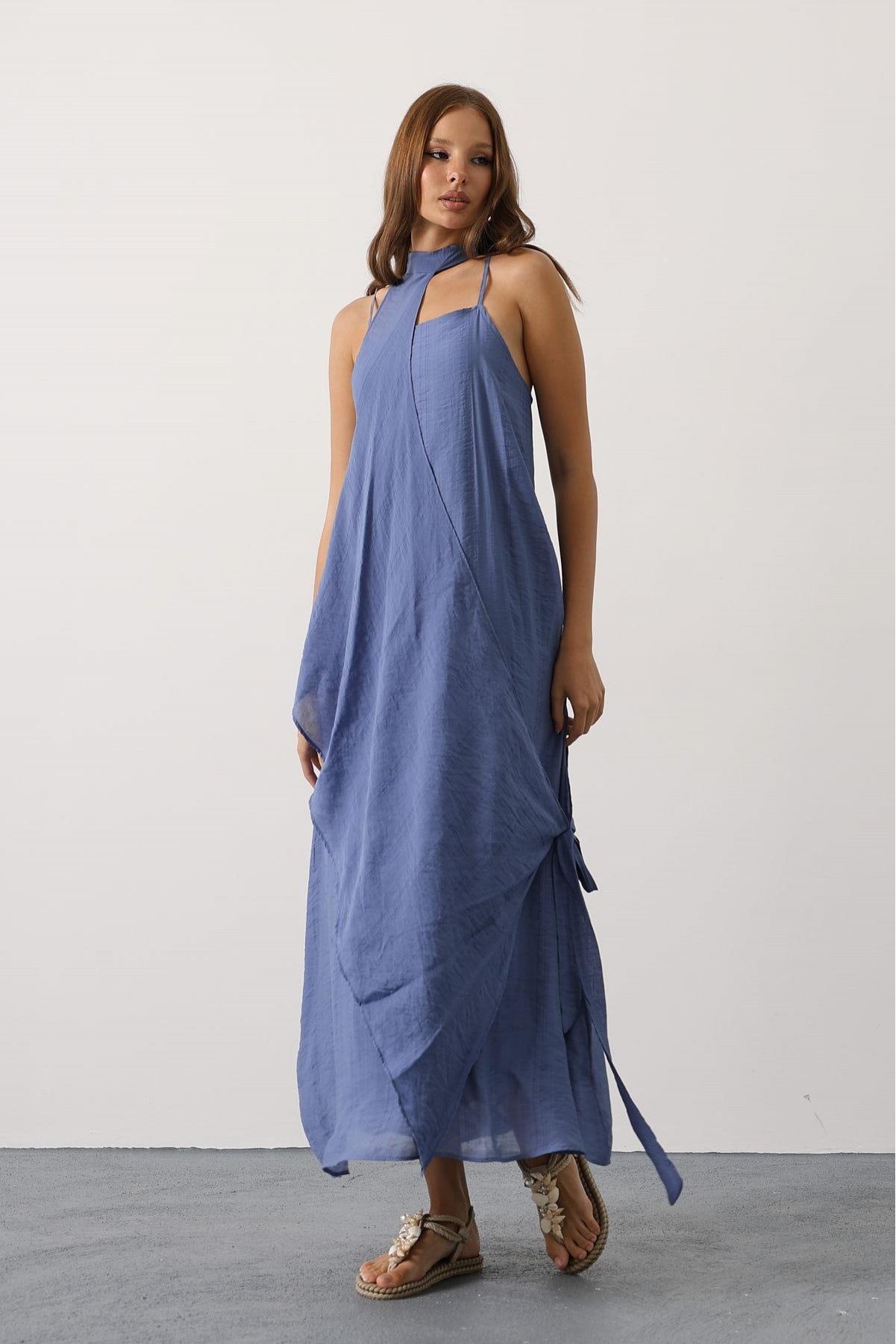 Asimetrik Bağlamalı Uzun Bohem Elbise - İndigo