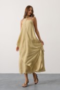 Asimetrik Bağlamalı Uzun Bohem Elbise - Yağ Yeşili