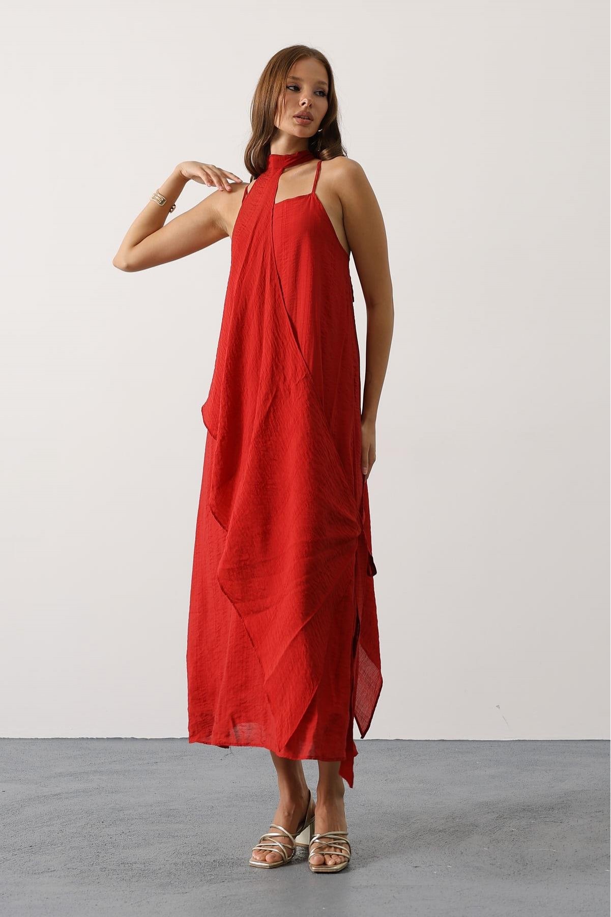 Asimetrik Bağlamalı Uzun Bohem Elbise - Kırmızı