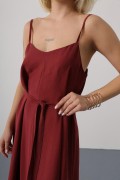 Askılı Basic Uzun Elbise - Açık Bordo