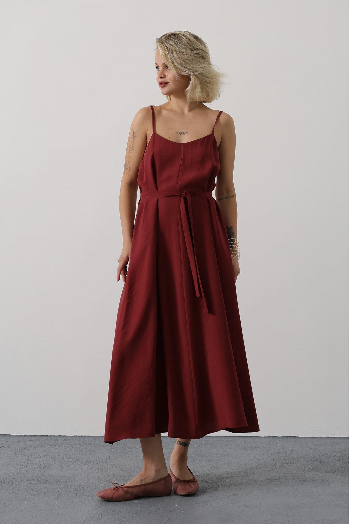 Askılı Basic Uzun Elbise - Açık Bordo