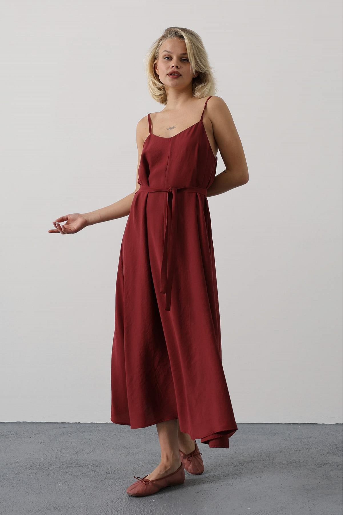 Askılı Basic Uzun Elbise - Açık Bordo