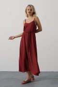 Askılı Basic Uzun Elbise - Açık Bordo