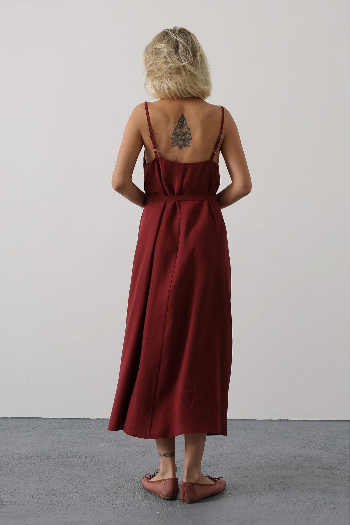 Askılı Basic Uzun Elbise - Açık Bordo