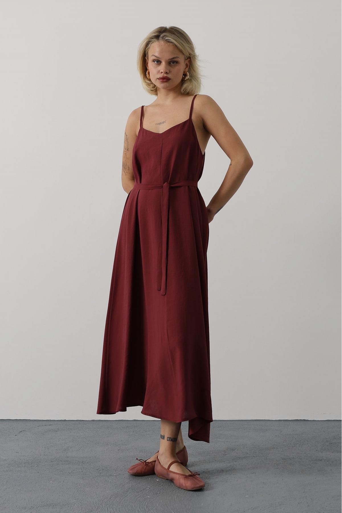 Askılı Basic Uzun Elbise - Bordo